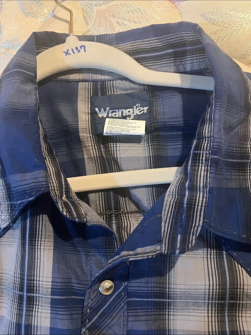 Wrangler Blue and White Plaid Button-Down Shirt